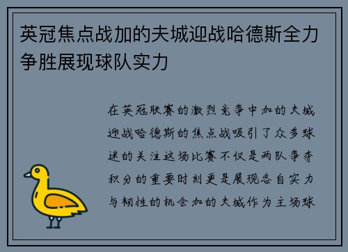 英冠焦点战加的夫城迎战哈德斯全力争胜展现球队实力